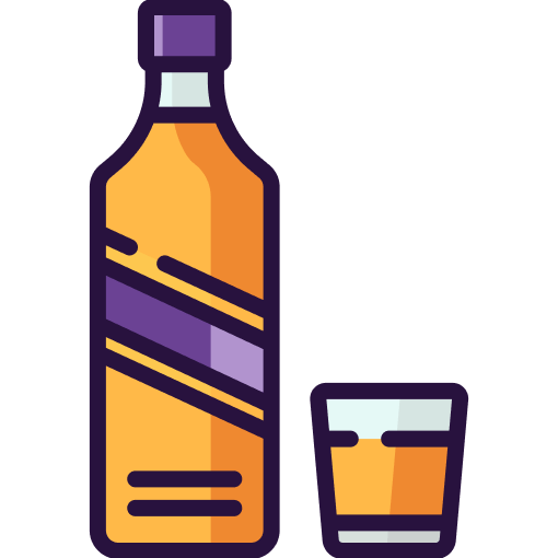 Illustration of a bottle next to a glass, hinting at themes of addiction. The tall bottle bears a purple label and orange body, while the short glass matches its color, suggesting they share a similar liquid. The image's simple, cartoonish style adds an intriguing layer to the narrative.