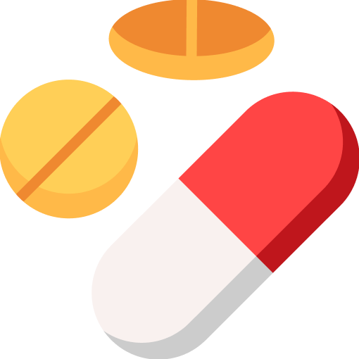 Illustration of three pills: a red and white capsule and two round tablets, one orange and one yellow, representing tools in therapy for overcoming substance abuse.